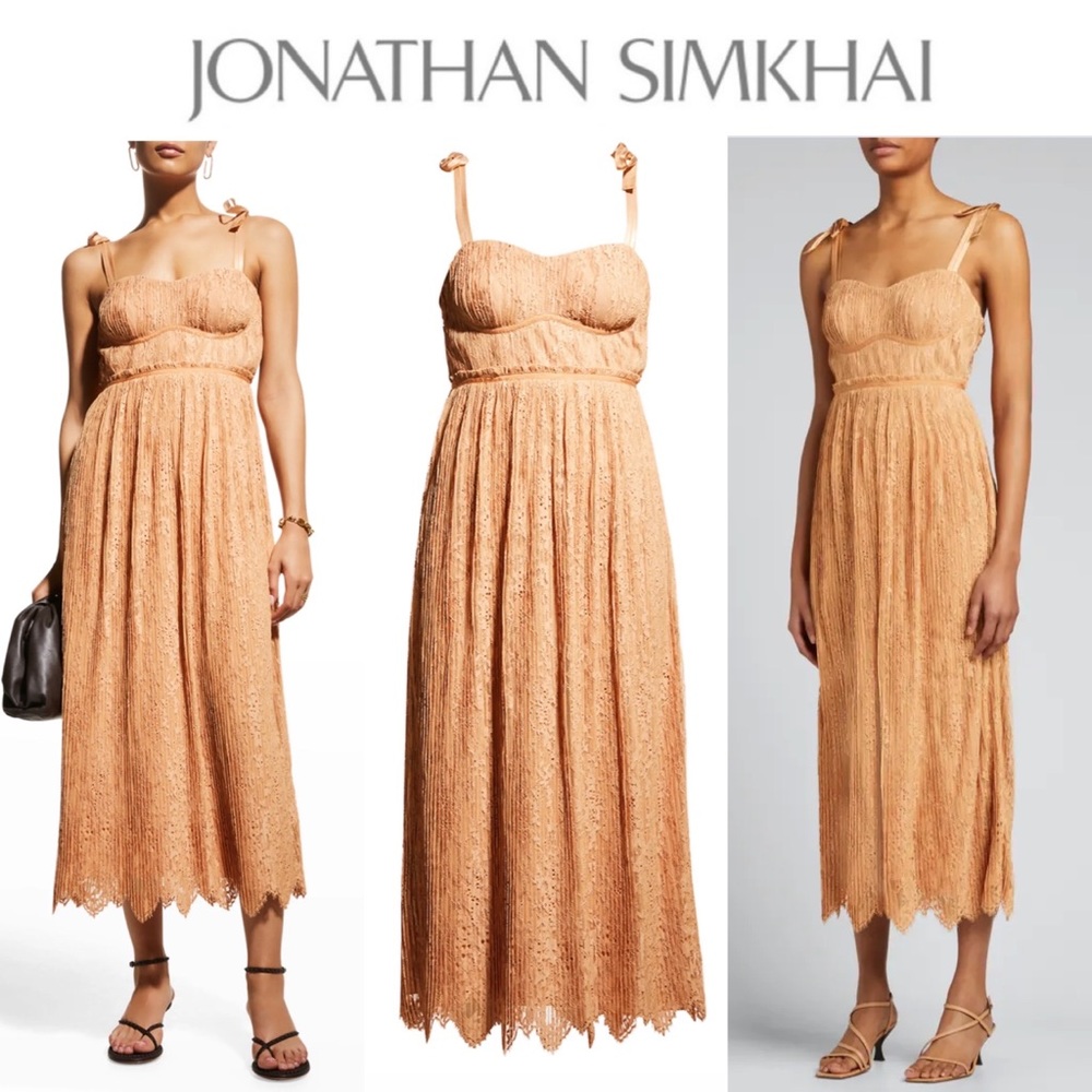 Jonathan Simkhai Bonnie Silk Lace Plisse Bustier Midi Dress in Camel sz 6 645$